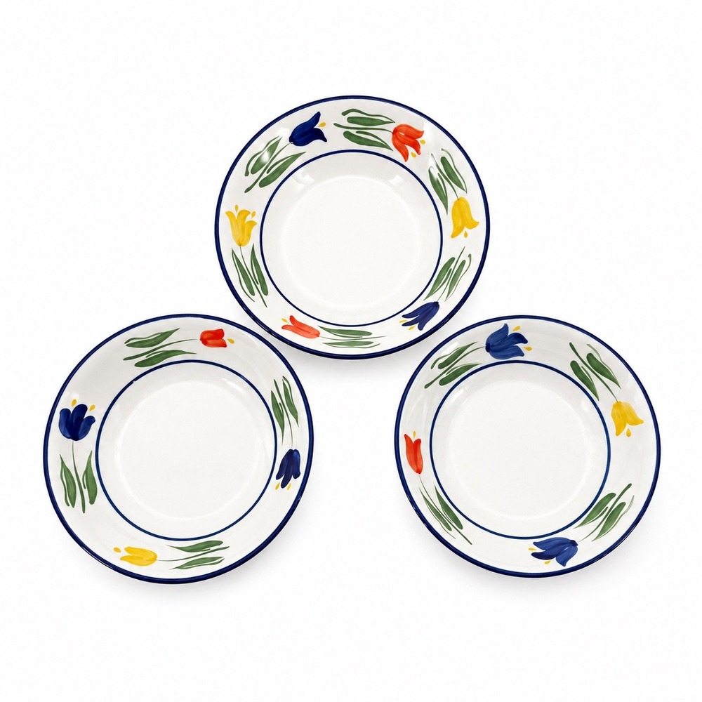 Dansk Tulip Bowls Set of 3 Vtge Floral Blue Yellow Red Rimmed Soup Pasta 9" 10"
